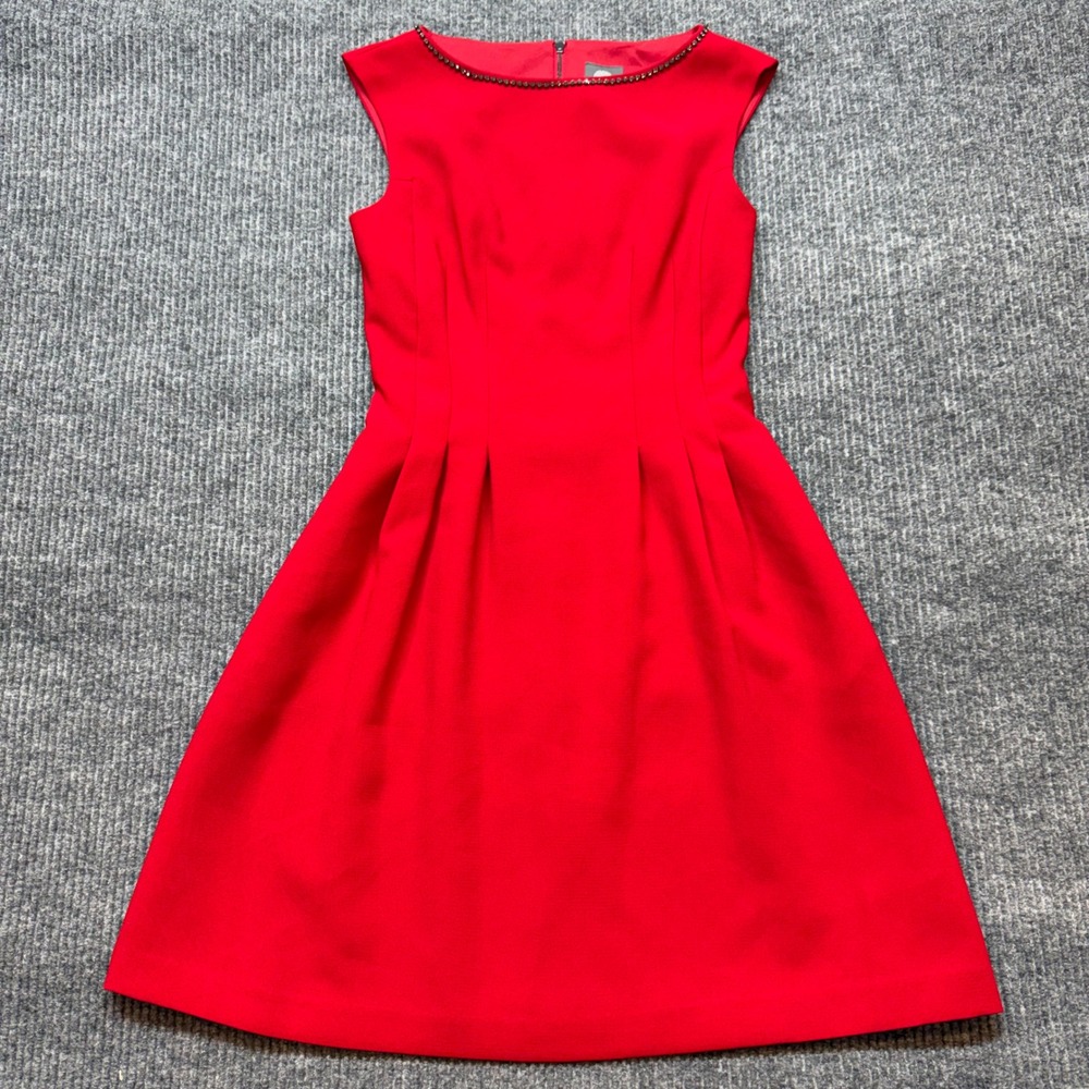 Vince Camuto Red Fit Flare Cocktail Dress 4 Jeweled Neckline Pockets Party Glam